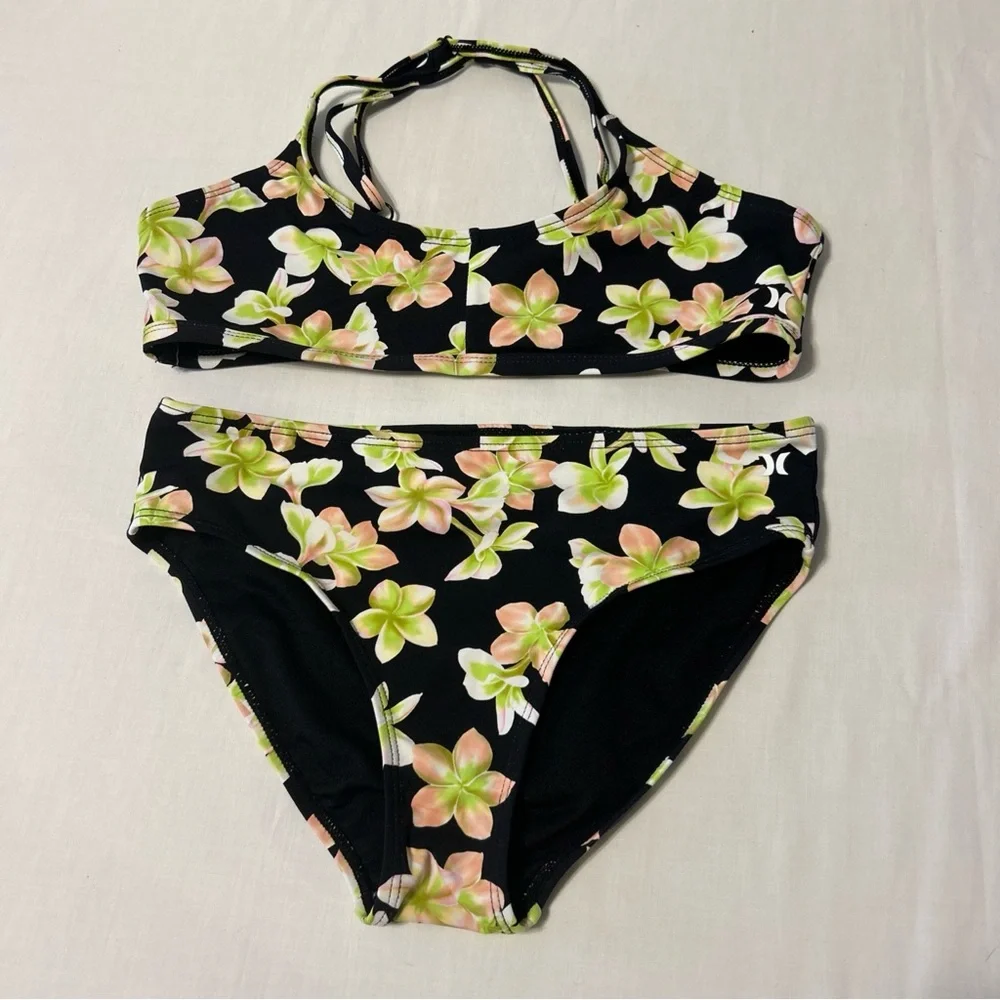 Hurley Girls 2/Pc Black W/ Plumaria Bikini Set Sz 12-13 yrs-EUC